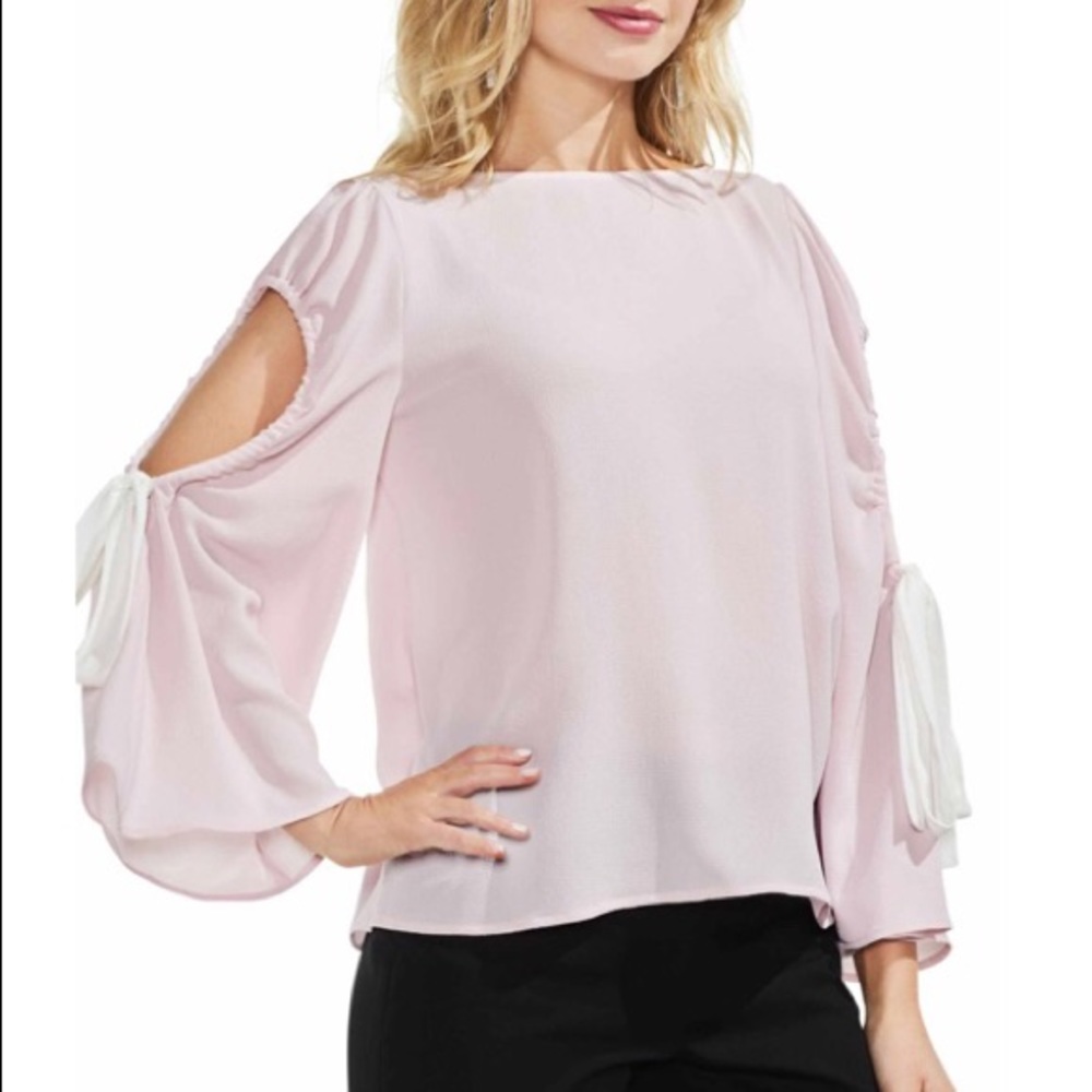 NWT Vince Camuto Cold Shoulder Top Long Tie Bell Sleeves Pink Sz S